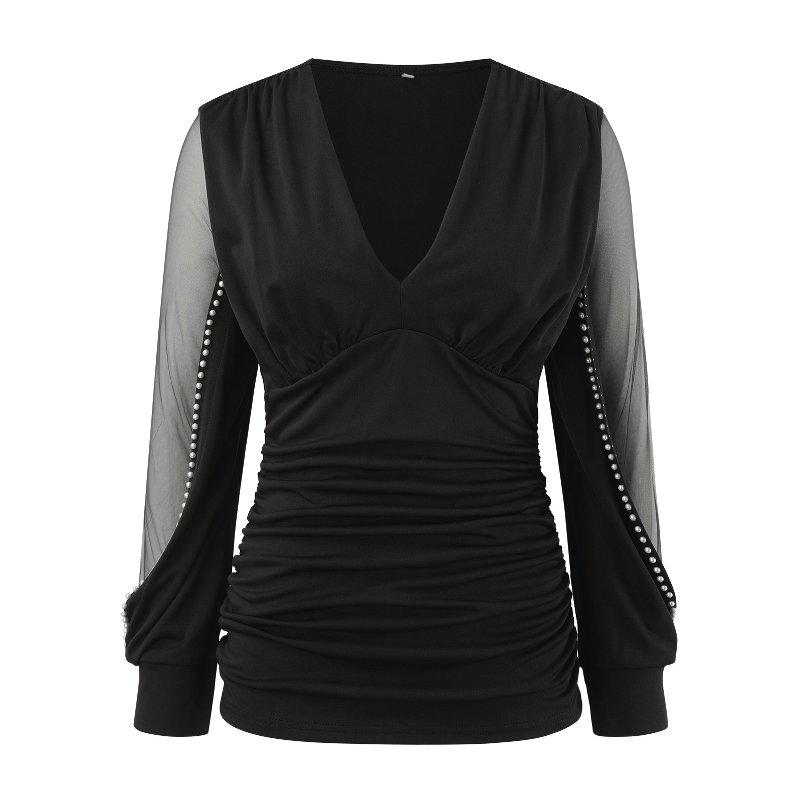 thumbnail image 4 of Blusa de malla de encaje transparente para mujer - Ribete de pedrería, cuello en V, manga larga - Top elegante y ajustado para ocasiones informales/fiestas - Tallas US/UK/EU S-XXL, 4 of 5